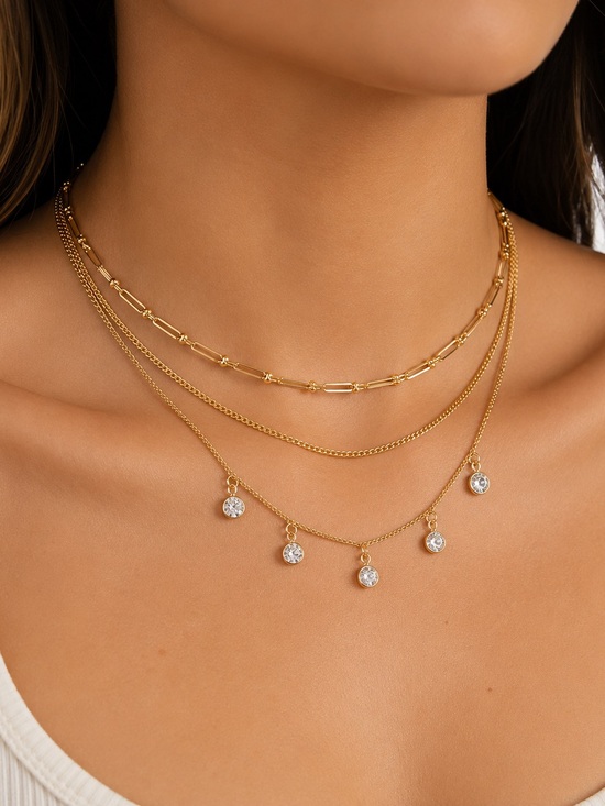 Mango Jewelry - Gold Layered Necklace with Crystal Drops - Women Jewelry